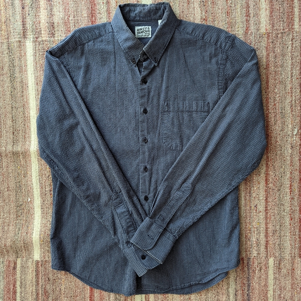 Naked & Famous Denim Navy Blue Micro-Check Button-Down Shirt